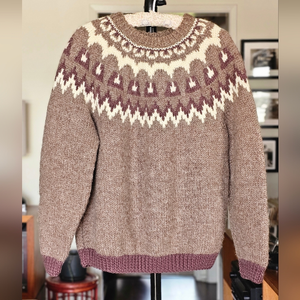 Handknit Nordic Yoke Wool Fair Isle Sweater in Taupe, Mauve & Cream